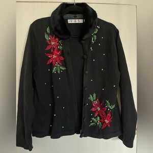 OHI Embroidered Beaded Poinsettia Holiday Sweater